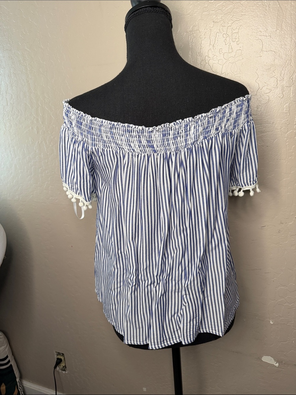 Off-Shoulder Blue & White Striped Women's Top - Picture 4 of 5